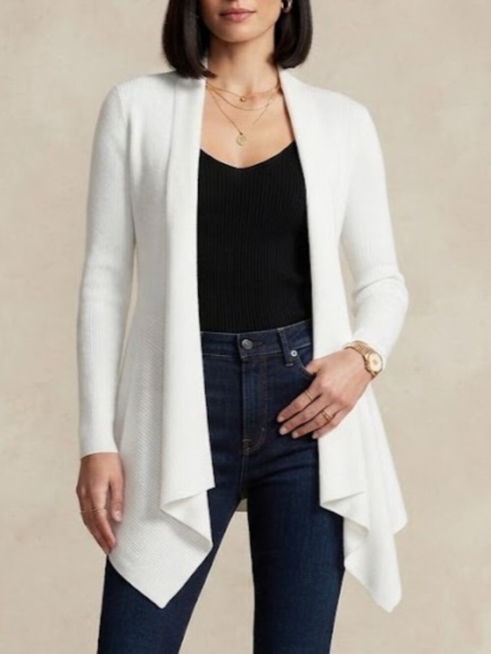 Carmen Marc Valvo White Ribbed Drape Front Cardigan